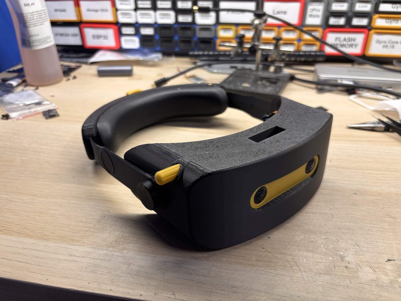 Vector Gear Andromeda VR headset prototype on a workbench