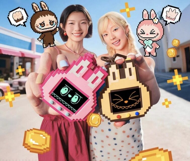 Pop Mart THE MONSTERS Shake A Drink Gaming Handhelds in pink and yellow-brown